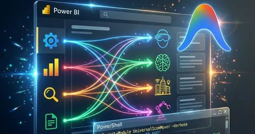 Iconos Dinámicos en Power BI - Visualización de Power BI con iconos conectados por líneas de colores y terminal PowerShell mostrando automatización