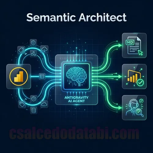 Diagrama de arquitectura del Antigravity AI Agent mostrando el flujo de automatización desde metadatos Power BI hasta modelo semántico completo vía MCP