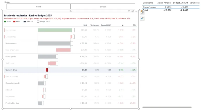 La plantilla importada en otro modelo con cuentas en inglés y en euros: el clic en Owner's draw filtra una tabla nativa con las mismas cifras